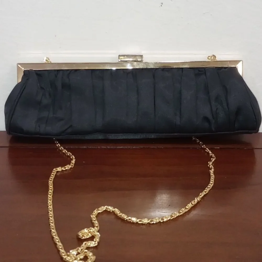 Cache Black Satin Evening Bag with Gold Chain Strap Formal Party Evening Clutch